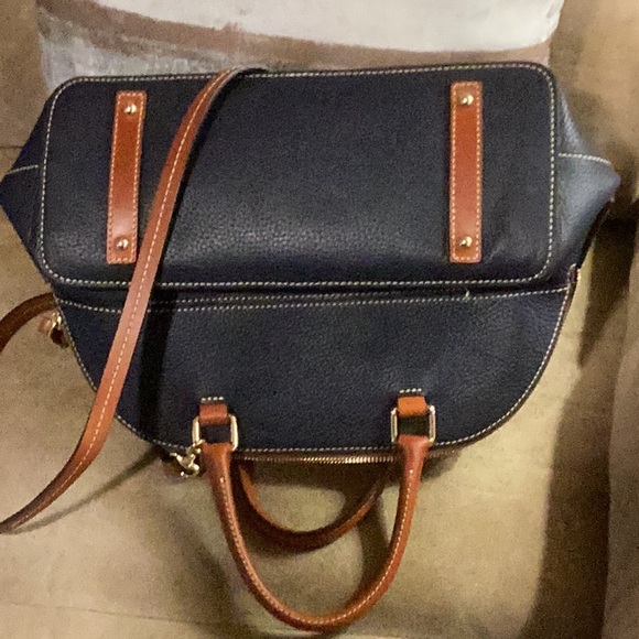 Dooney and Bourke Blue leather satchel bag with tan trim - Picture 3 of 4